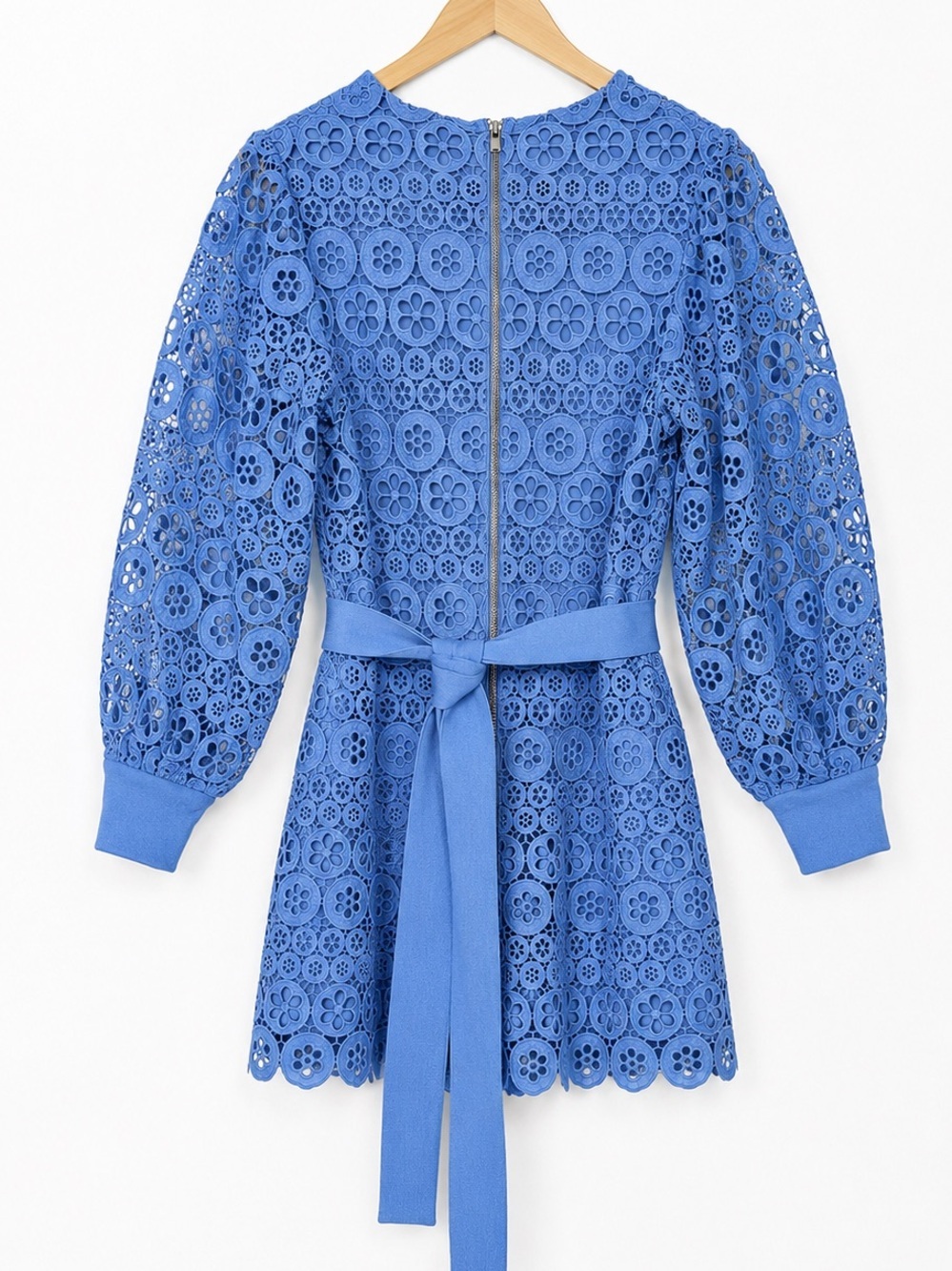Maje Sky Blue Floral Guipure Lace Romper EU 36 US 4 | Belted Long Sleeve - Picture 4 of 10